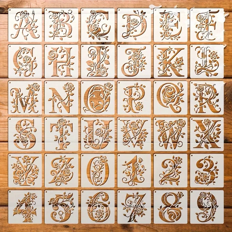 36 plantillas florales para letras, plantilla reutilizable para pintar letras con diseño de rosas, plantilla hueca para graffiti, molde para impresión de inyección de tinta para pared