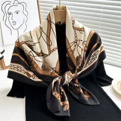 90x90cm Silk Scarf Luxury Designer Hair Print Head Large Handkerchief Hijab Shawl Women Bandanna Foulard Muffler Wrap