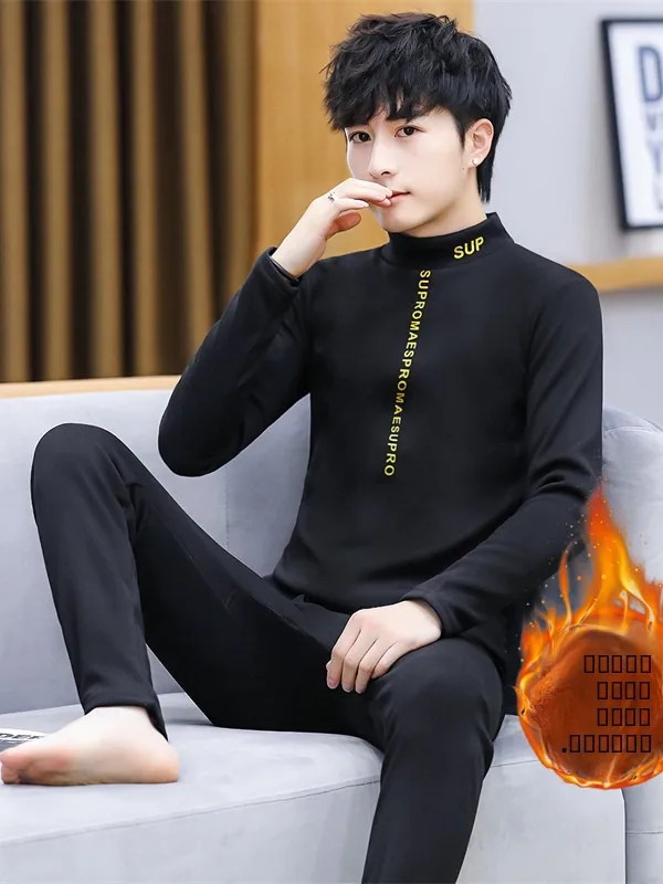 

Утепленный флисовый комплект термобелья для мужчин: новая зимняя модель с принтом, длинными рукавами и брюками, комплект из двух предметов, молодежный стиль