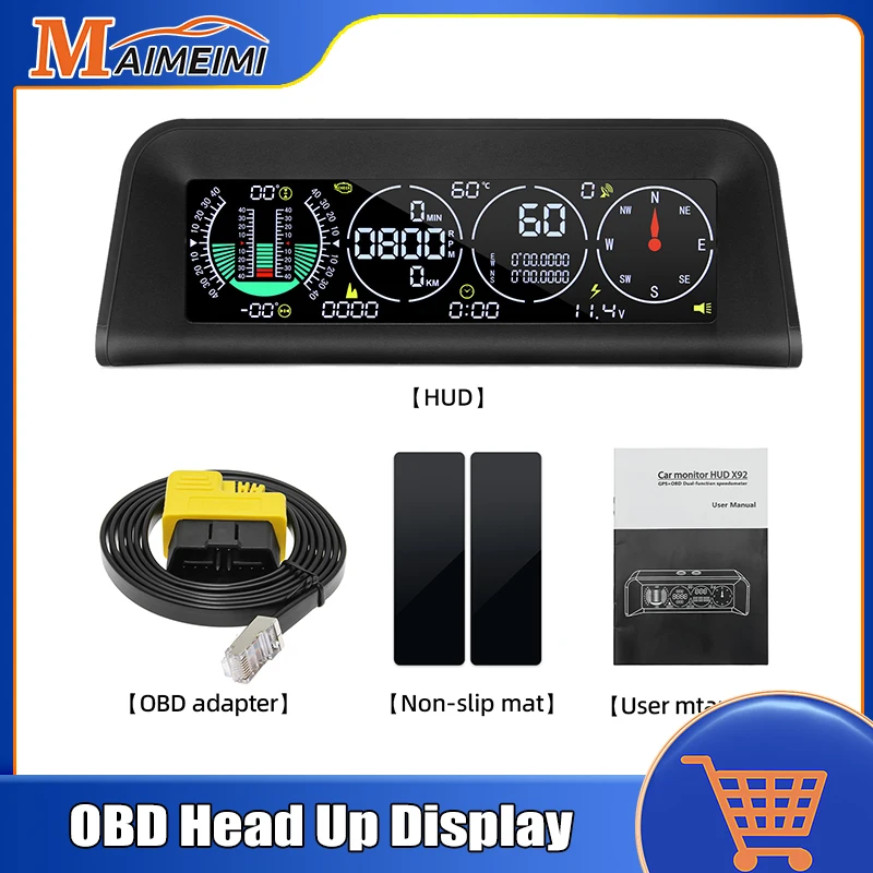 HD X92 Car OBD HUD Head Up Display GPS Speedometer Roll Pitch Angle Altitude Time Voltage Tachometer Water Temp Compass 4 Alarms