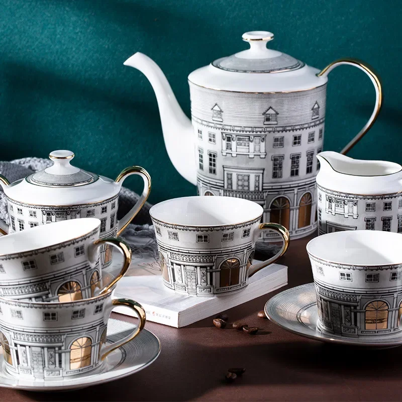 

Creative Art Swan Fort Coffeepot Saucer Set, Bone China Coffee Pot, Milk Creamer Jar, Sugar Container, Western Style, Tea Set