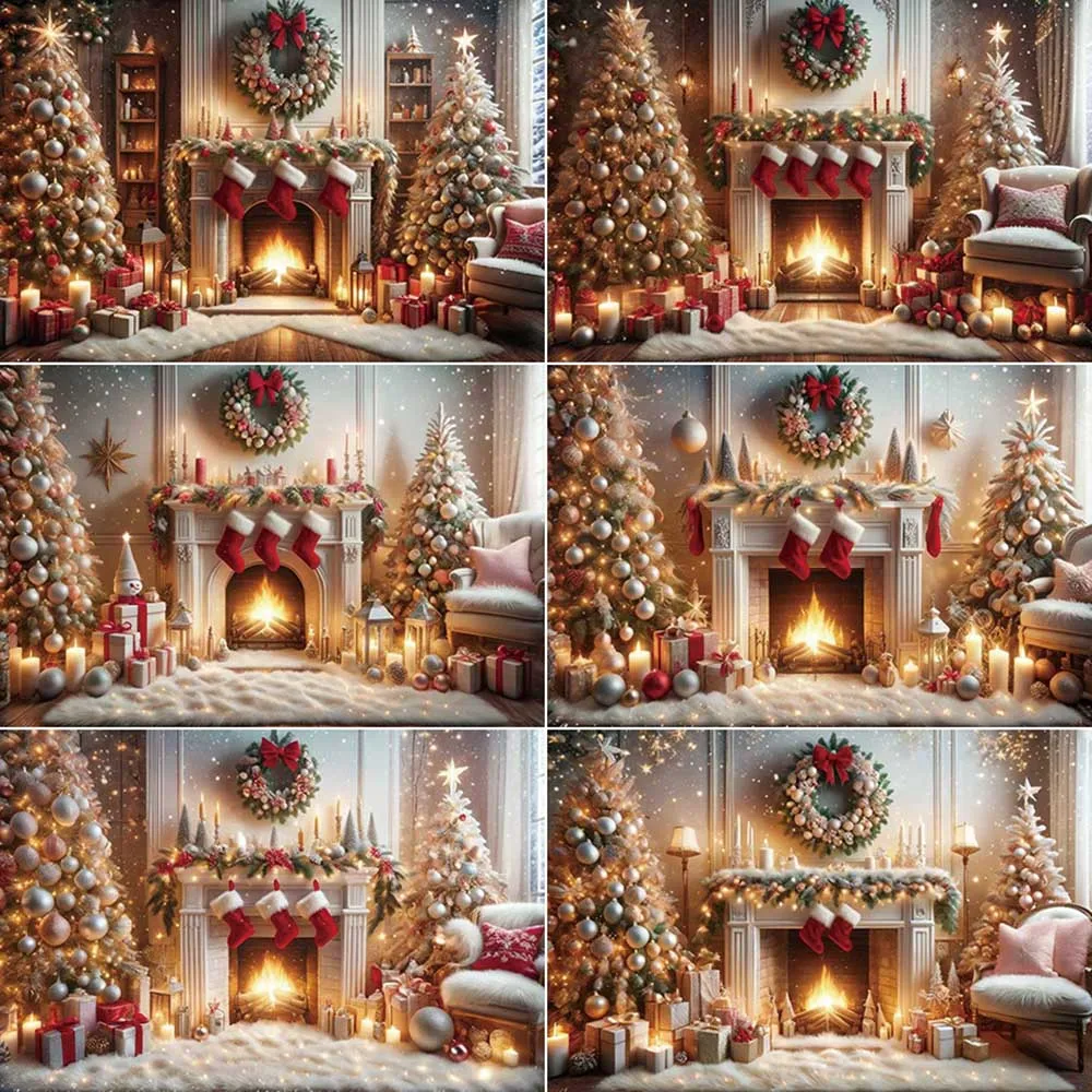 MOON.QG Christmas Photography Background 2025 Xmas Backdrop Gifts Village Balls Fireplace Shop Tree Home Party Decor Back Drop