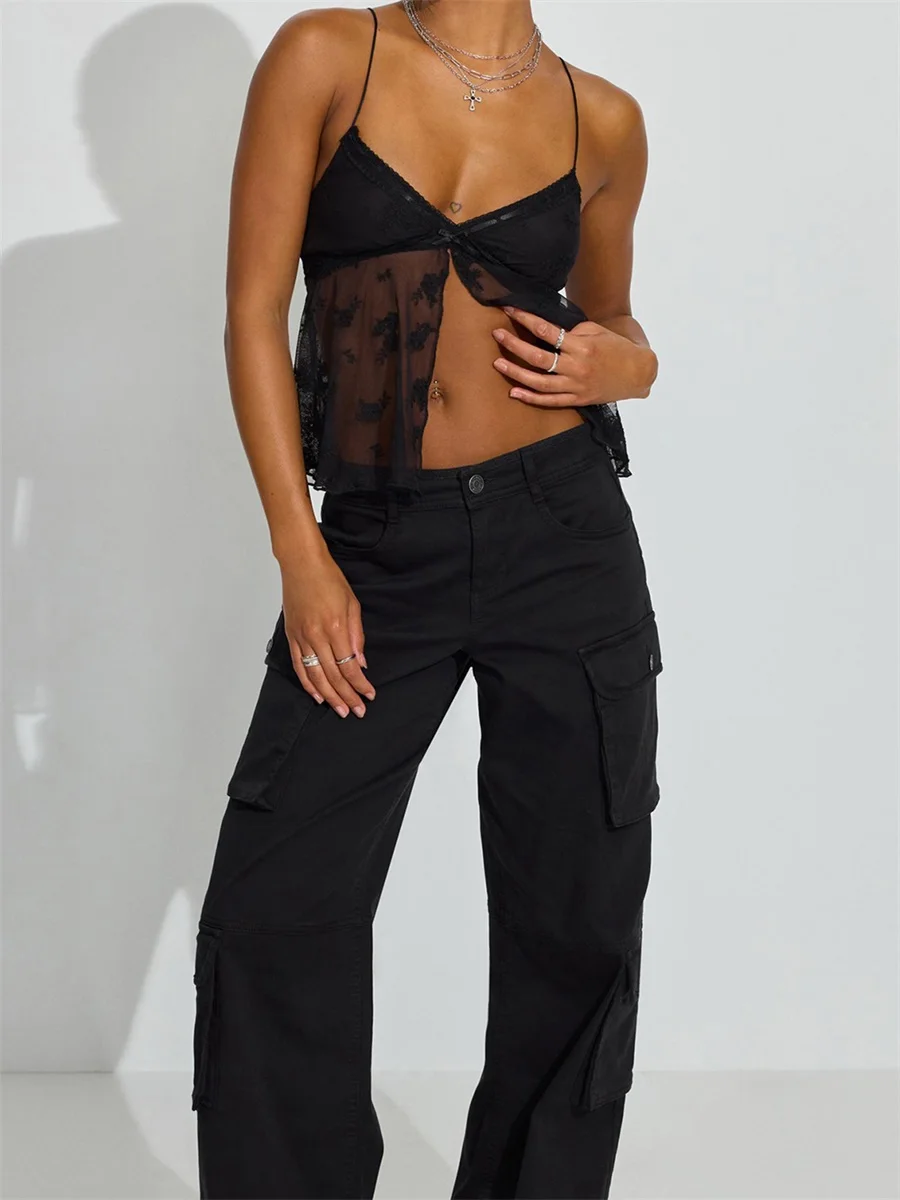 Y2k قطع علوية نسائية مثيرة مفتوحة من الأمام بدون أكمام قميص قصير بحمالات رفيعة شبكية مزهّرة منخفضة على شكل حرف V بدون ظهر كامي للخروج