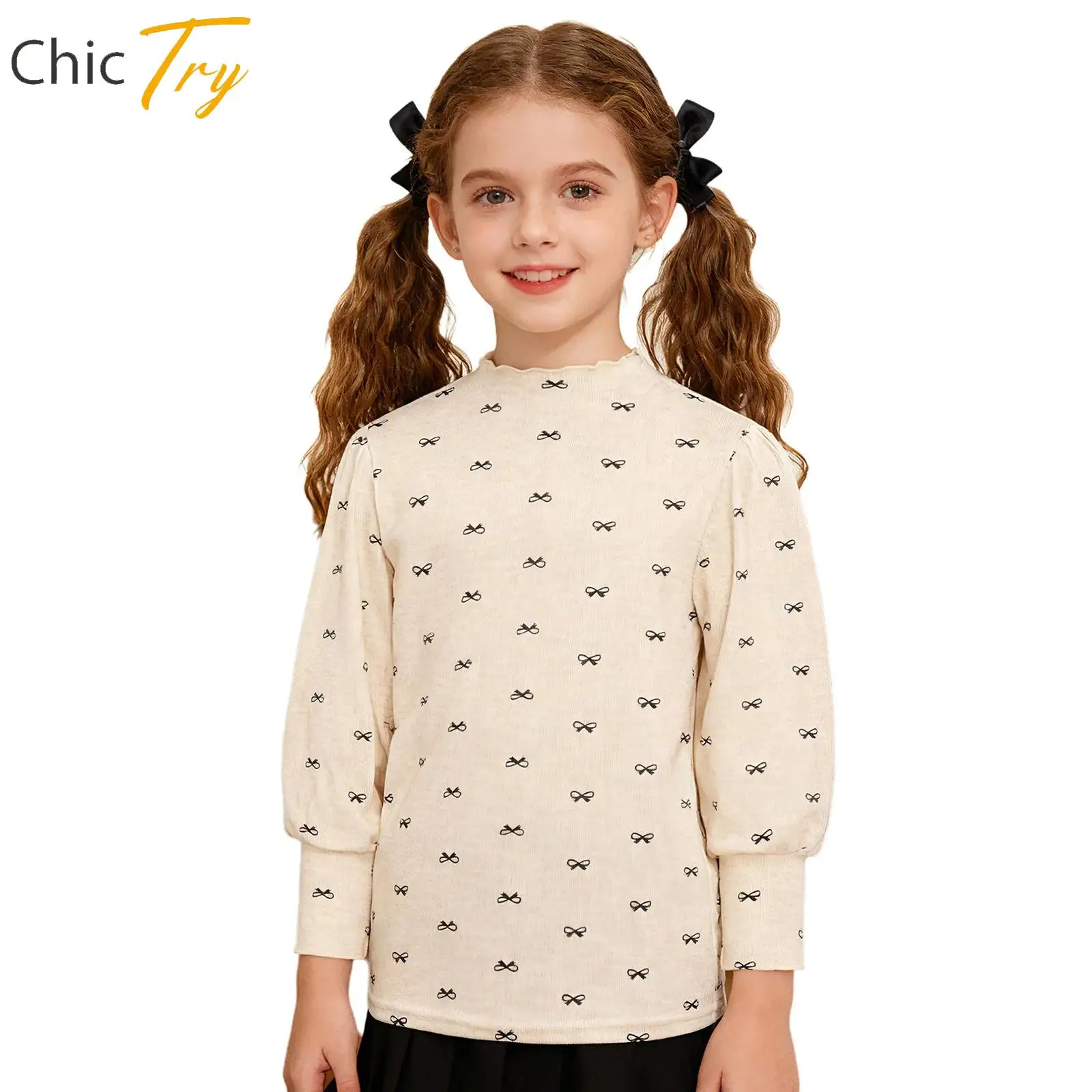 

Kids Girls Cute Bowknot Print Thermal Top Long Sleeve Pullover Undershirt Kids Basic Base Layer Casual Shirt Yoga Tops Dancewear