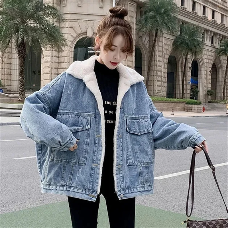 Autumn Winter Thick Streetwear Black Plus Velvet Denim Coat Women Korean Oversized Jean jacket Casual Warm Loose Chaquetas mujer