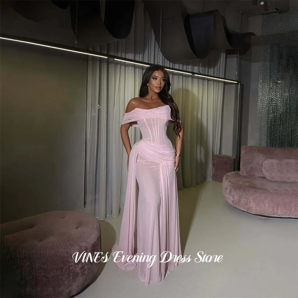 

VINES Light Pink Evening Dresses Off Shoulder Gala Dresses with Ruched Chiffon Prom Dresses Mermaid Party Dress Customized