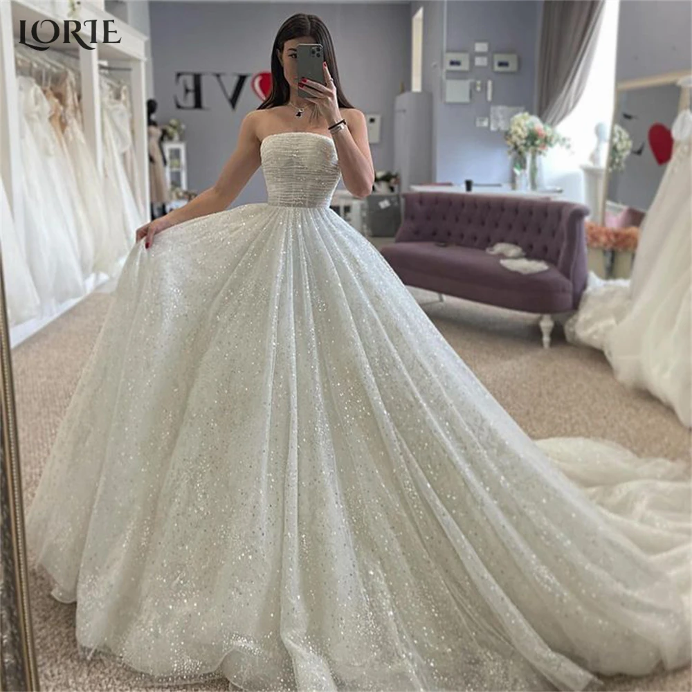 

LORIE Vintage Glitter Wedding Dresses Pleated Off Shoulder A-Line Shiny Bridal Gowns Backless Detachable Sleeves Bride Dress