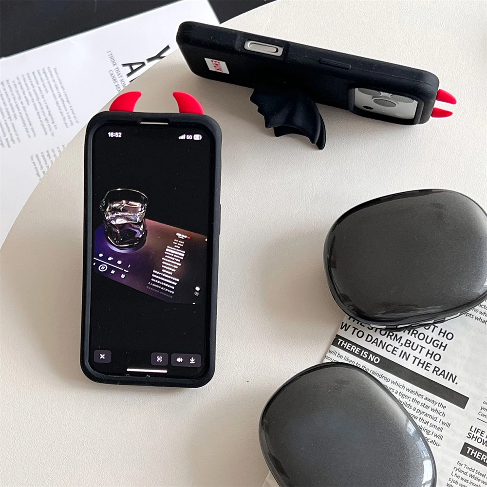 3D Teufel Hörner Fledermaus Weiche Silikon Ständer Halter Telefon Fall Für iPhone 16 Plus 17 15 14 13 12 Pro max Lustige Stoßfest Zurück Abdeckung – Detail 6
