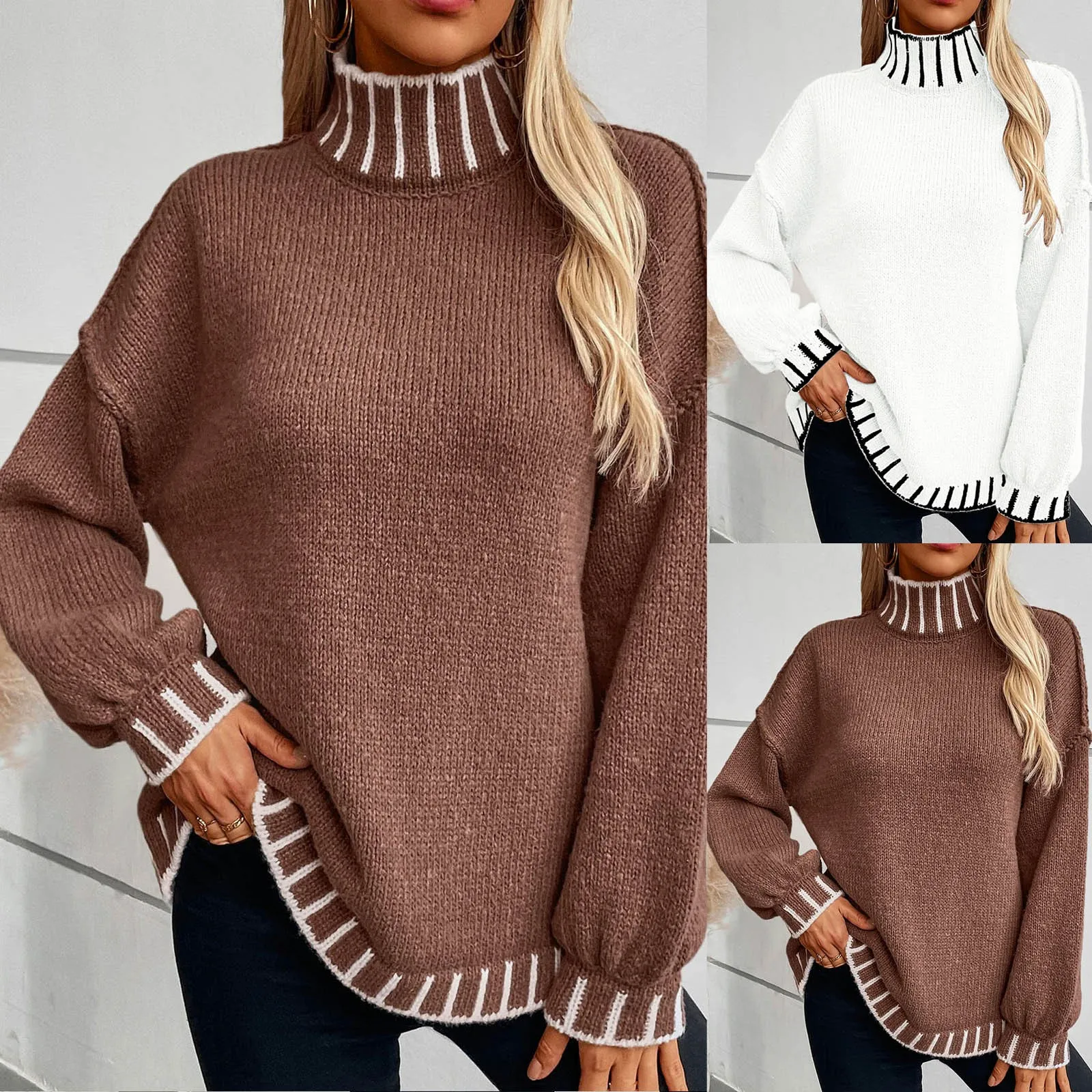 Striped Pullover High Neck Loose Plus Size Sweater Women Mock Turtleneck Sweater Sippers for Toddlers