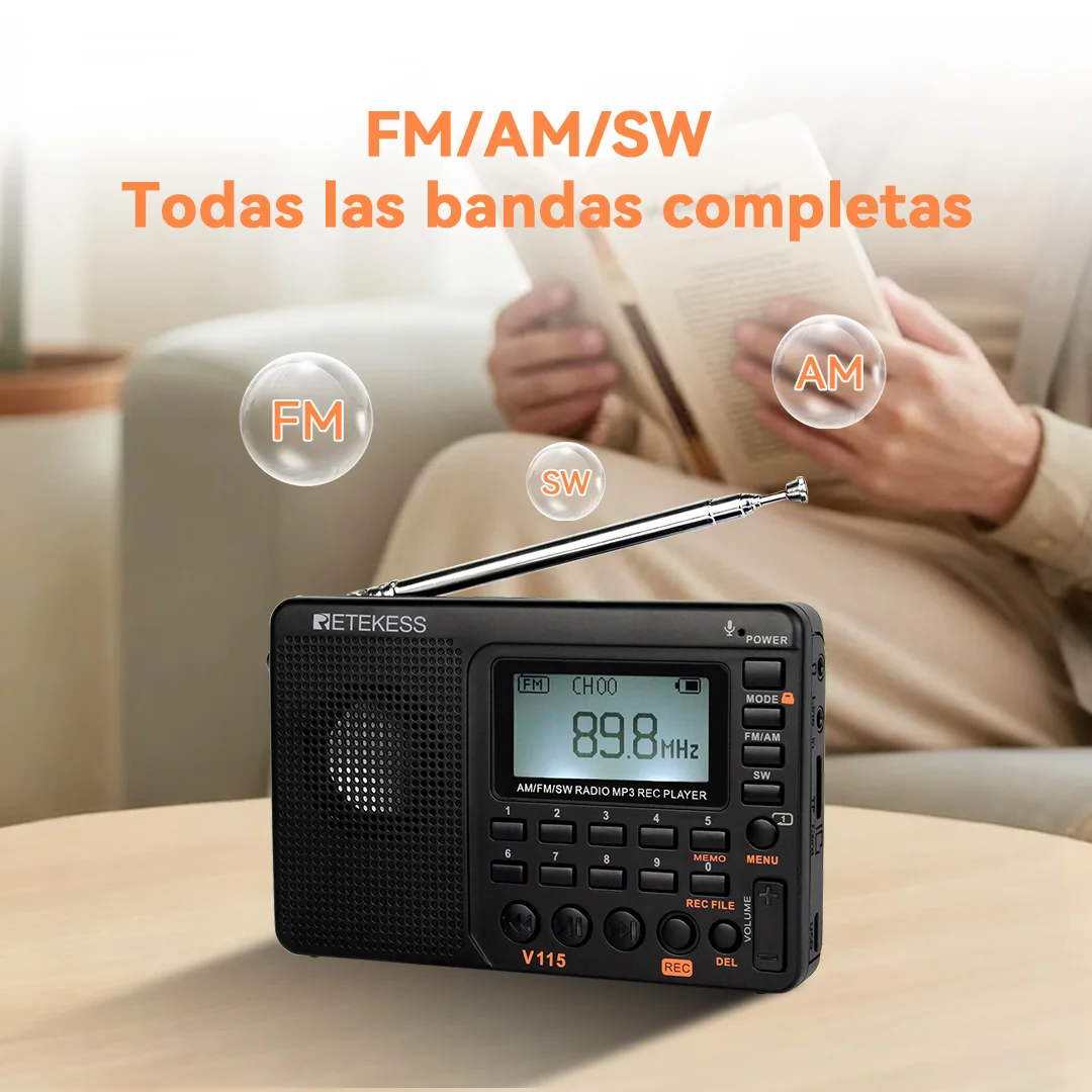 RETEKESS V115 Radio portátil recargable, radio AM/FM/SW multifuncional con receptor de largo alcance y sonido nítido ideal para acampar
