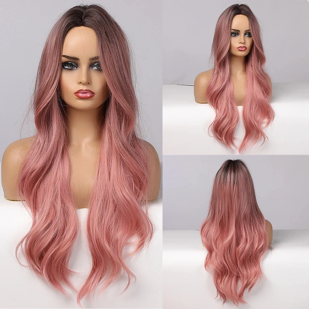 Lolita Pink Hair Long Wavy Synthetic Wigs Middle Part Dark Root Curly Wigs for Women Natural Daily Heat Resistant Fiber Wigs