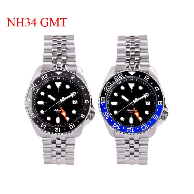 Tandorio Dive 41mm Black NH34 GMT Steel Mechanical Watch Men NH34A 24 Hours Chapter Ring 120click Bezel Sapphire Glass 3.8 Crown