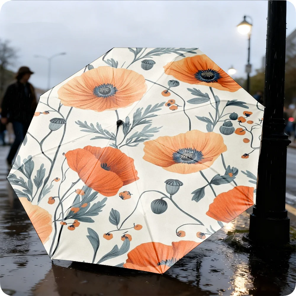 

Складной зонт с принтом оранжевых маков - зонт для дождливой погоды, легкий и портативный для путешествий, прочный.