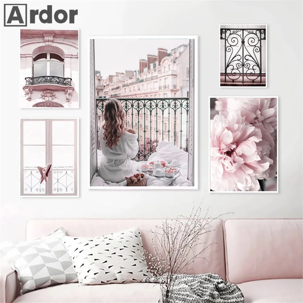 Fashion Pink Peony Eiffel Tower Wall Art Poster And Print Sexy Women Window Car Canvas Painting Romantic Living Room Home Decor