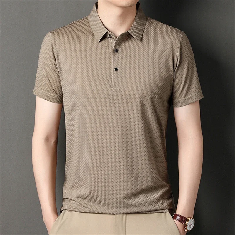 Mens Wrinkle Resistant Polo Shirt Short Sleeve Ice Silk Cool Touch Quick Dry Moisture Wicking for Hot Weather Business Trips