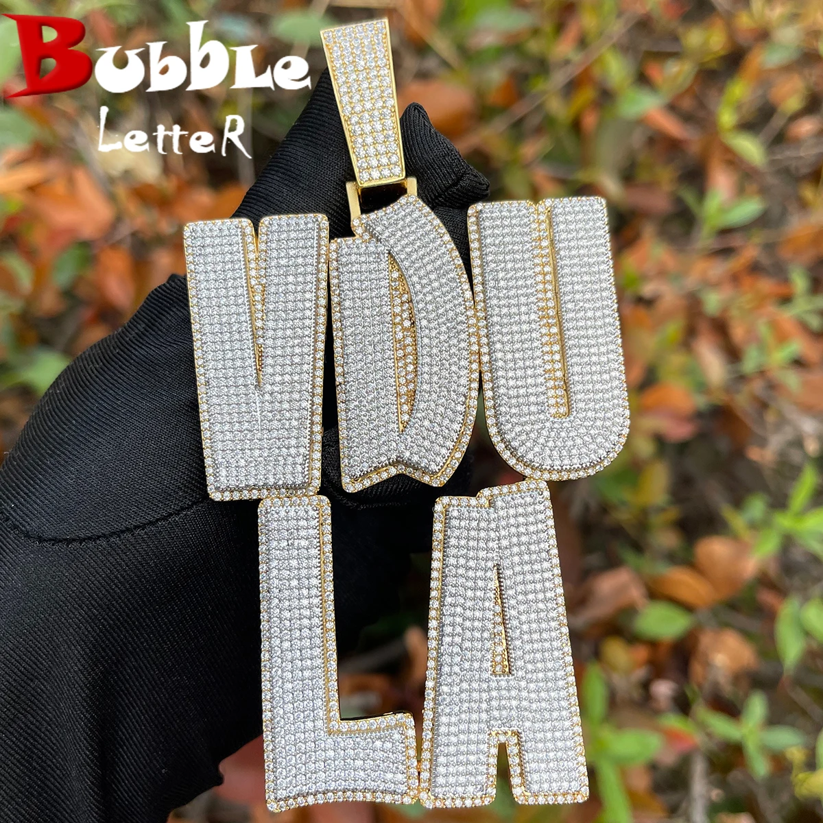 

Bubble Letter Customized Name Plated Necklace for Men Iced Out Personalized Pendant Two Tone Hip Hop Jewelry