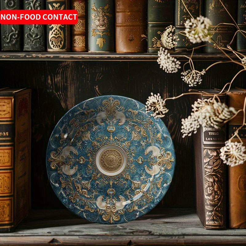 1pc Elegant Ceramic Decorative Plate - Blue & Golden Round Tableware for home Decor, Wedding, Christmas Gift - Luxury Non-Food