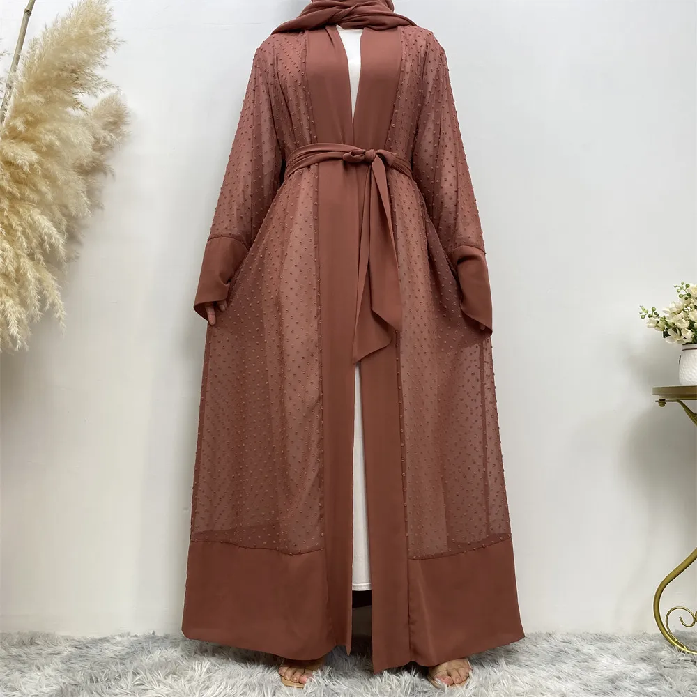 

Eid Muslim Women Dress Polka Dot Abaya Belt Kimono Cardigan Caftan Dubai Turkey Kaftan Islam Clothing Femme Musulmane Robe Gown