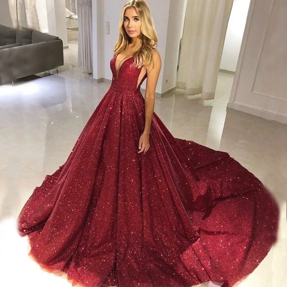 

Champagne A-Line Prom Dresses V-Neck 2022 New Wine Red Shiny Sequined robe de soiree Formal Party Evening Gowns vestido de gala