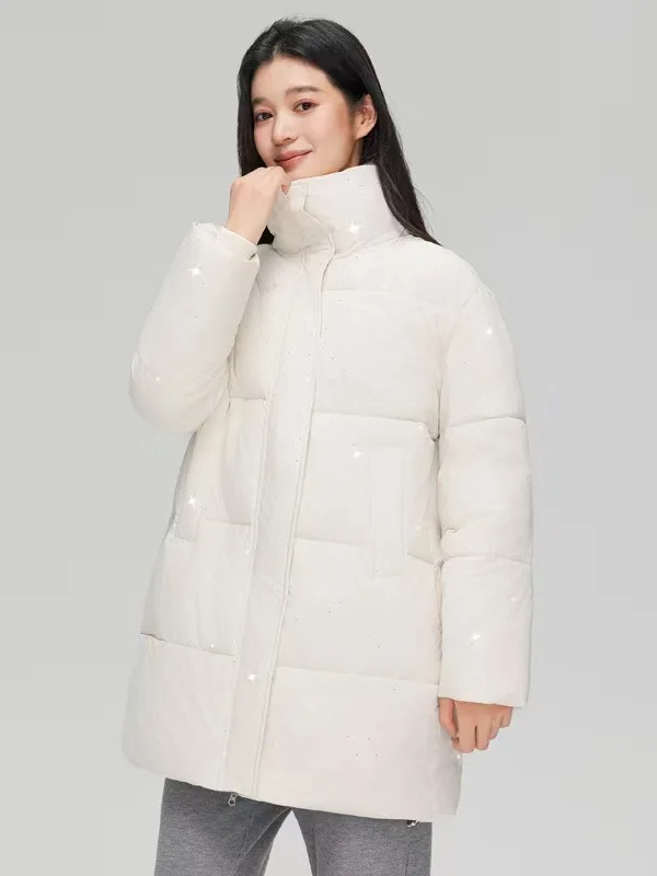 Winter Thiened Women's down Cotton Jaet Long Sve Zipper Closure Mid-Length Loose Fit Faionable Diamond Embellied Coat