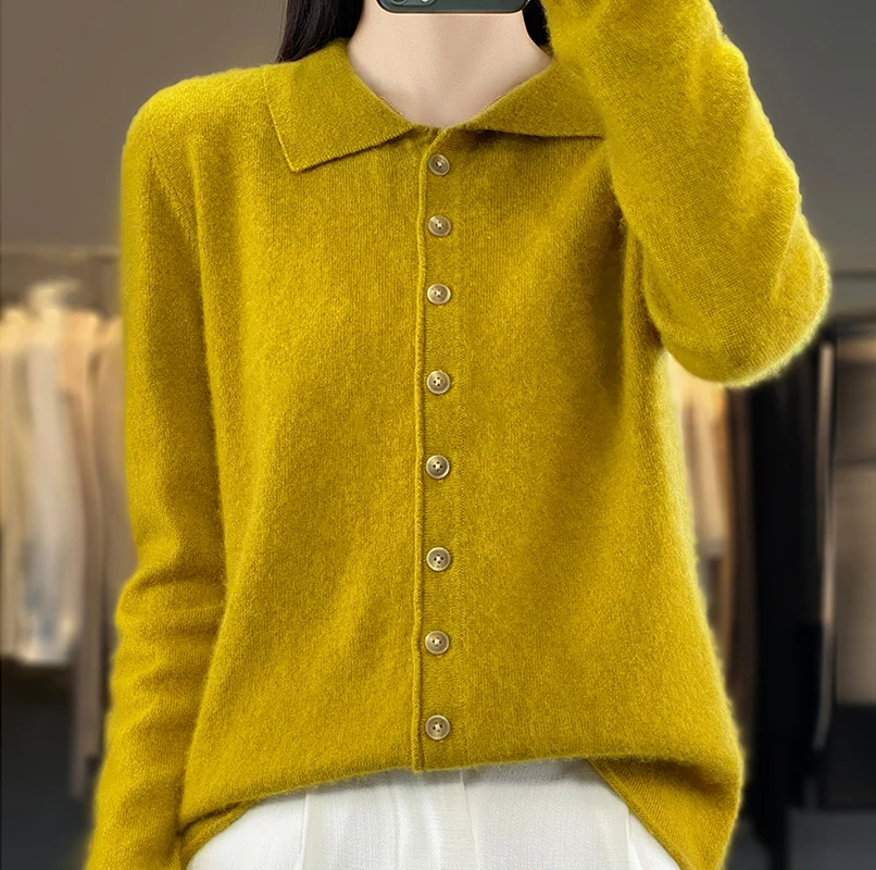 Knitted Cardigans for Women, 100% Merino Wool, Long Sleeve Sweaters, Warm and Soft Tops, 6Colors, Winter, 2023