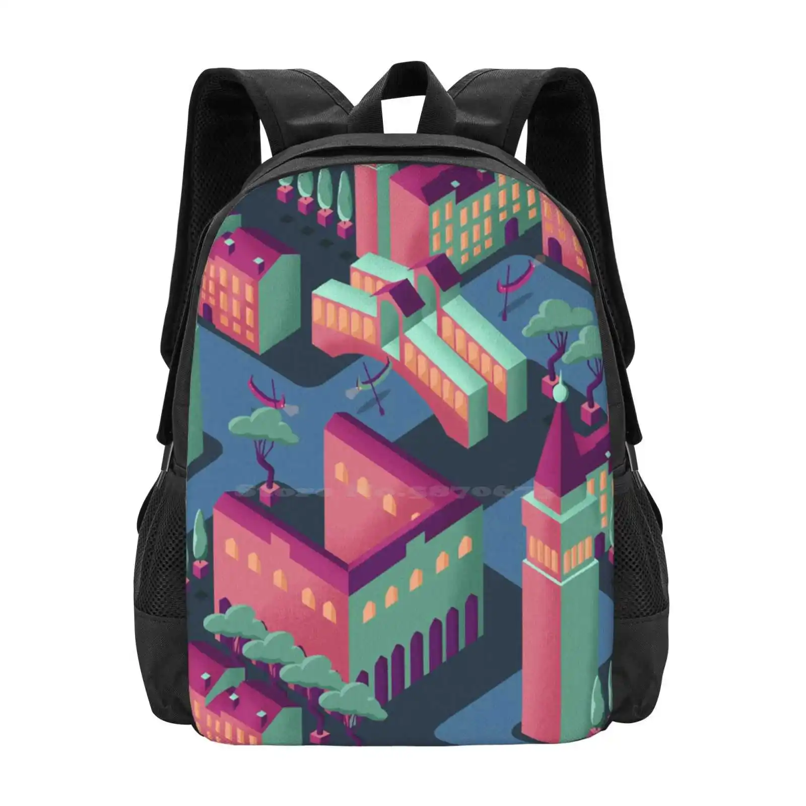 Mochila isométrica futurista de Venecia en rosa y verde, mochila con diseño de impresión 3D, bolsa para estudiantes, isométrica de Italia, futurista, futuro de una ciudad