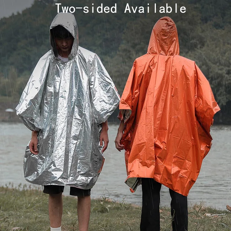 Emergency Poncho and Mylar Blanket Liner  Waterproof  Wind-Resistant Outdoor Rain Poncho for Camping Hiking Survival Blankets