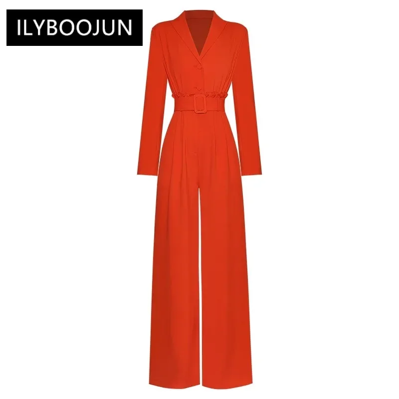 2023 Runway Luxury Brand High Quality Summer Jumpsuits Women Turn-down Collar Long Sleeve Belt Ruffles Pockets Wide Leg Pants