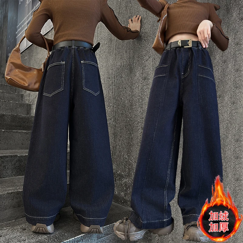 autumn Winter teenage girls fleece jeans junior kids Elastic high waisted wide leg pants children trousers clothes 6 8 10 12 14
