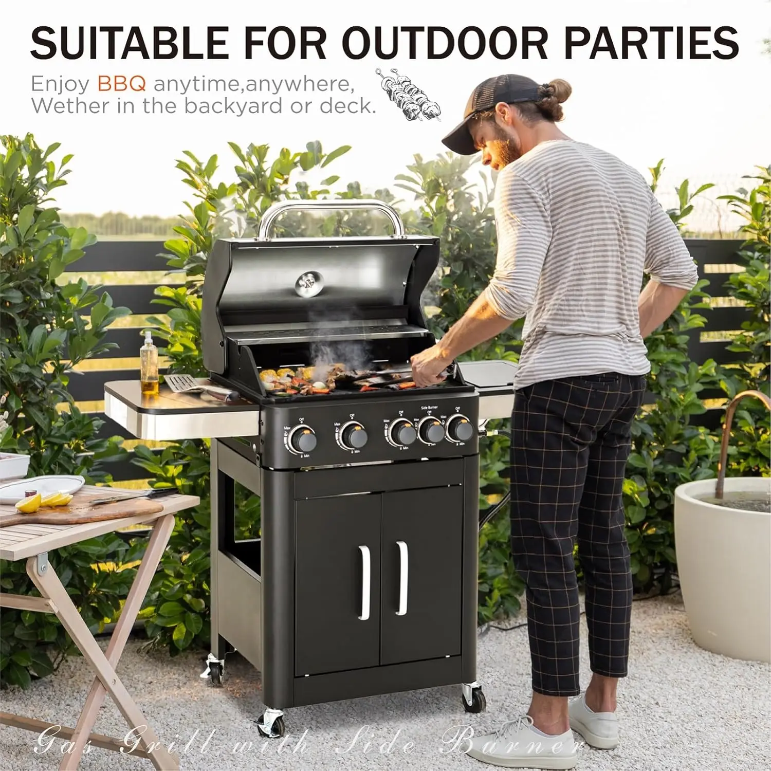 4-Burner Gas BBQ Grill with Side Burner & Porcelain-Enameled Cast Iron Grates, Outdoor Cooking Propane Grills 46,700BTU Cabinet