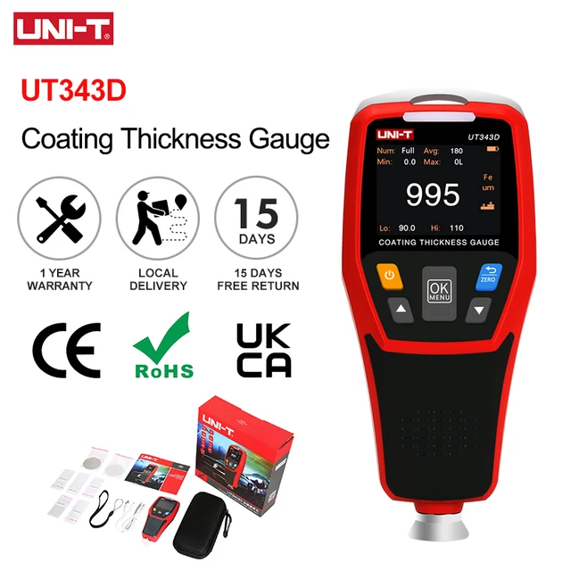UNI-T UT343D miernik grubości lakieru podświetlenie LCD 320x240 pikseli cyfrowy FE/NFE metalowy samochód farby Tester grubości miernik
