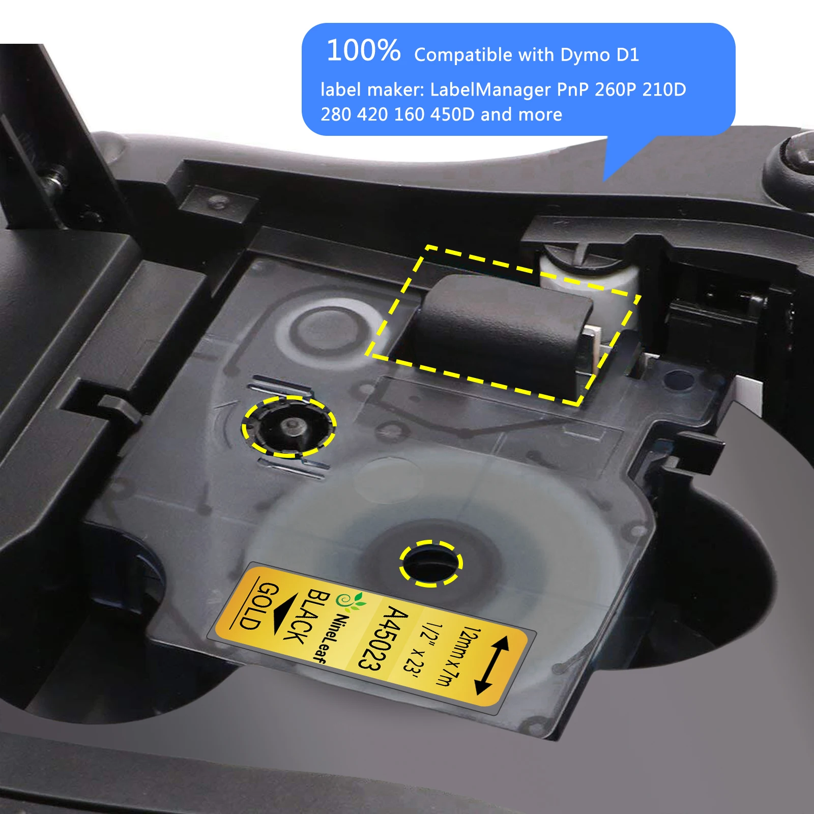5Pack 12mm Black on Gold Label Tape Refill Compatible for Dymo D1 45023 Tapes for LabelManager 260P 360D 420P 450D Label Makers