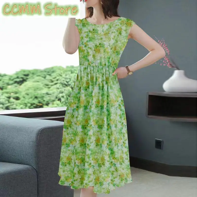 فستان ميدي شعبي بدون أكمام للتنقل ملابس نسائية كاجوال برقبة دائرية وخصر على شكل حرف a فساتين صيفية رفيعة مطبوعة عتيقة