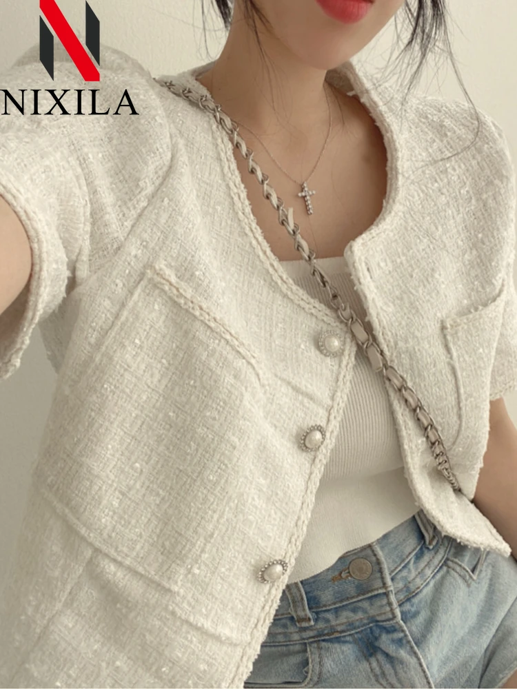 Spring Summer Women Jacket Korean Fashion Short Sleeve Coats Pearl Buckle Round Cardigan French Tweed Tops for Women Clothing