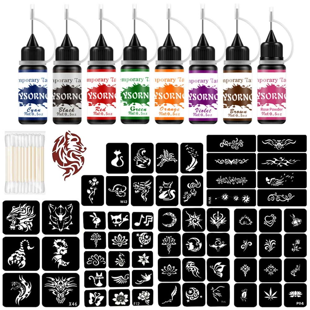 

8 Bottles Temporary Tattoo Kit 8 Color Temporary Tattoo Ink with 62 Tattoo Stencils for Halloween Body Paint Art DIY Fake Tattoo