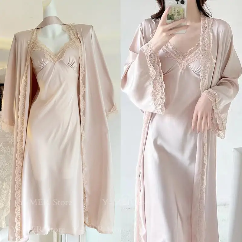 Long Nightdress Set Sexy Palace Style Sleepwear Soft Rayon Home Dressing Gown Women Casual Nightwear Lace Full Slip Loungewear