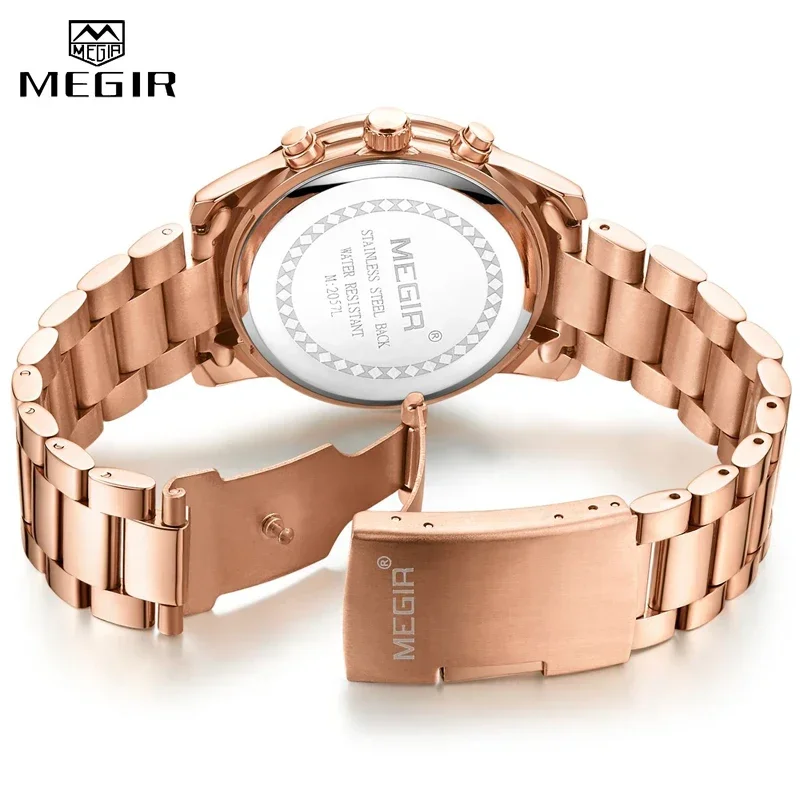 MEGIR แฟชั่นผู้หญิงนาฬิกาสแตนเลส Chronograph แบรนด์หรูสุภาพสตรีสร้อยข้อมือควอตซ์นาฬิกา Rose Gold Relogio Feminino