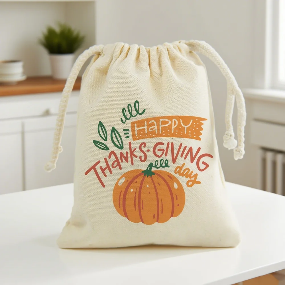

5Pcs Happy Thanksgiving Treat Bag Pumpkin Drawstring Favor Bag Happy Harvest Market Funny Fall Holiday Party Decoration Supplies