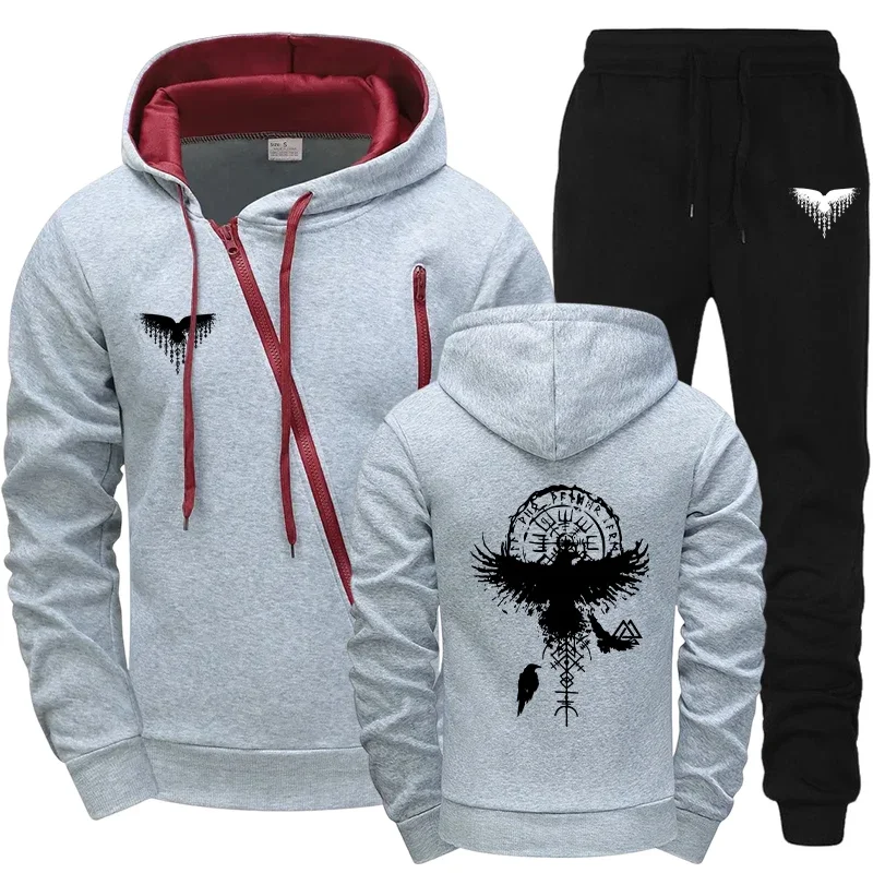 Autumn Winter Mens Fashion Tracksuit 2025 Diagonal Zipper Design Hoodie Joggers Motorcycle Outfit Ancient Raven Print Outerwear