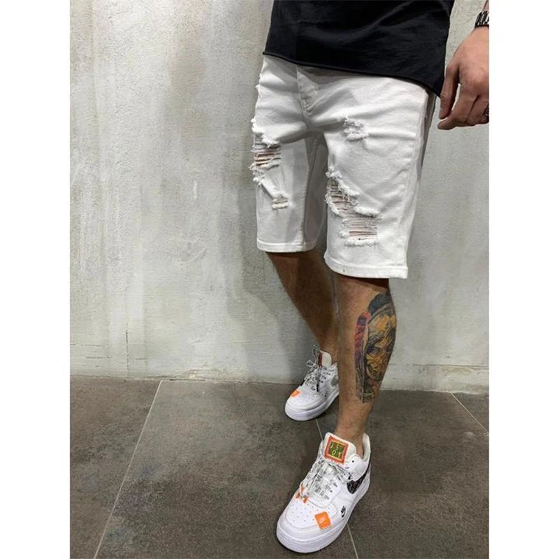 Summer Fashion Men\'s Fifth Pants Tattered Ripped Shorts Loose Straight Casual Blue Denim Pants Streetwear Men Boyfriend Jeans