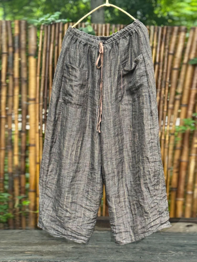 오리지널 디자인 스트라이프 컬러 우븐 린넨 밴딩 와이드 레그 캐주얼 여성 바지 루즈 슬리밍 스트레이트 레그 트라우저