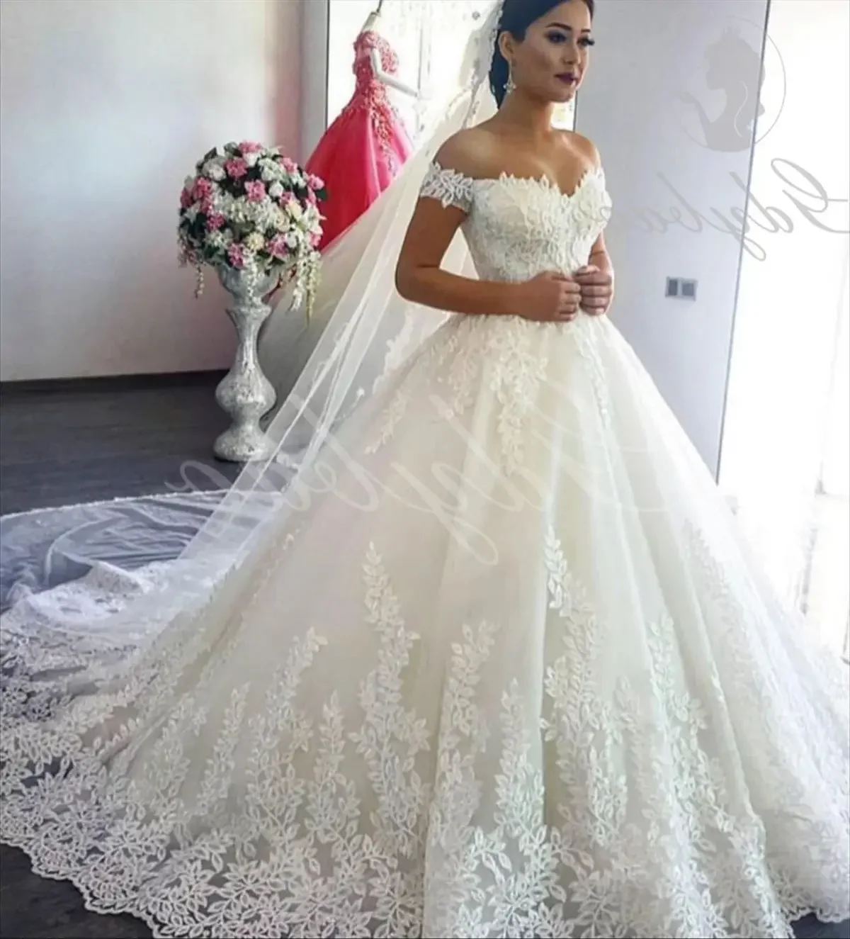 

Vintage Boat Neck Appliques Lace Off Shoulder Sleeves Ball Gown Wedding Dresses