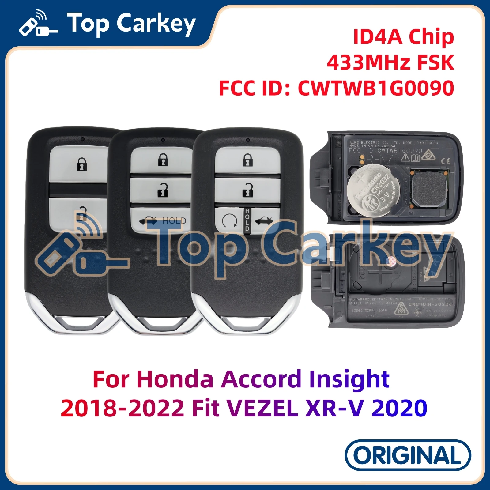 TopCarkey CWTWB1G0090 Original Smart Key ID4A Chip 433MHz for For Honda Accord Insight 2018 FIT VEZEL XR-V 2020