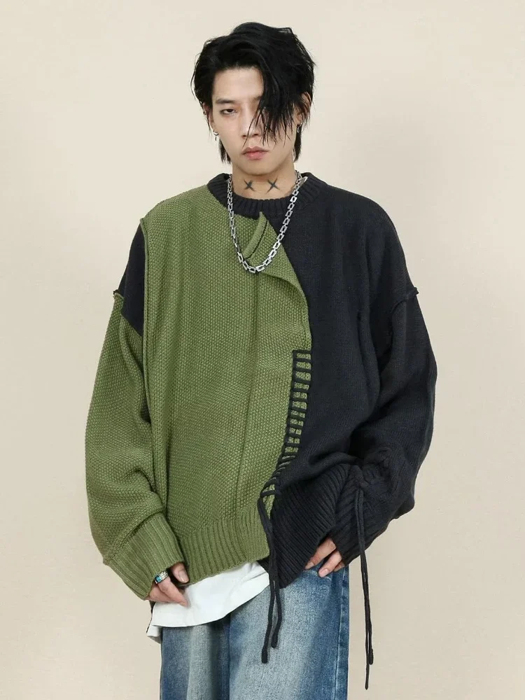 Panelled Sweaters Men Spliced Handsome Autumn Winter Slouchy Fitness American Style Retro Stretchy Anti-polling Temperament Chic