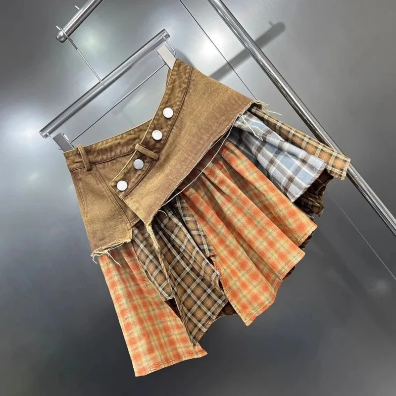 ANJY Sommer Neue frauen Ins Nische Design Flut Unregelmäßigen Plaid Patchwork Denim Kurzen Rock Trend Hip-Hup Streetwear röcke A14758