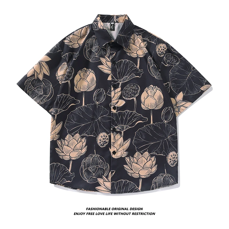 

Hawaii Cartoon Beach Floral Ice Silk Loose ort Sve Men's irt Breathable Casual Sle Polyester Fiber Stand Fit