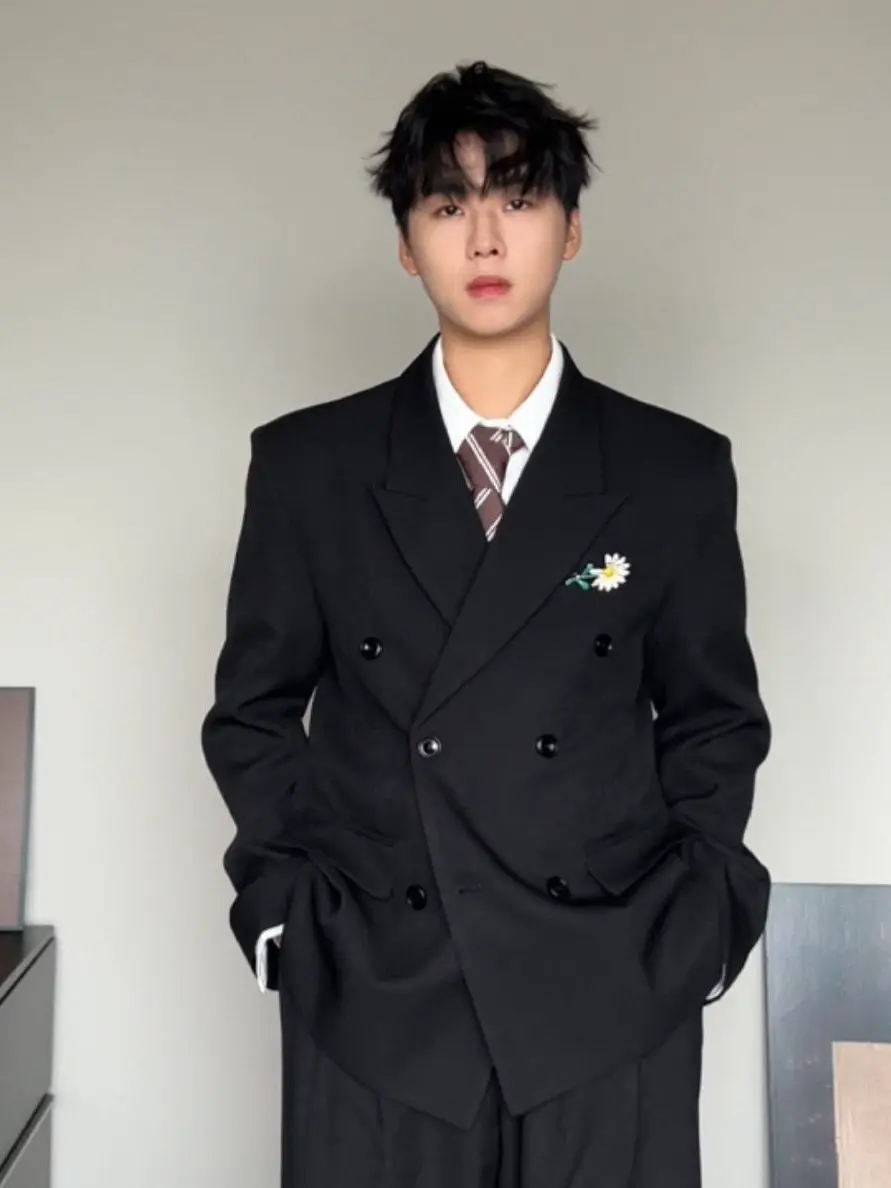 Original Spring Casual Double-breasted Men's Suit Jacket with Sunflower Decoration Standard Fit Pure Polyester Fiber Breathable