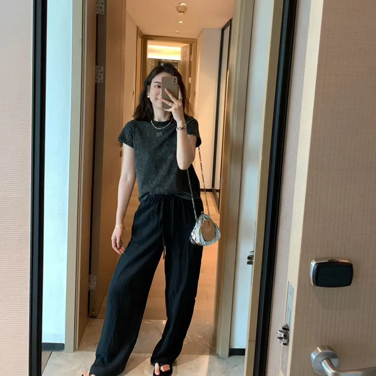 East Gate Summer Lazy Casual Slimming Diagonal Texture Silk Long Pants Straight Leg Pants Wide Leg Pants Loose Fit Trousers