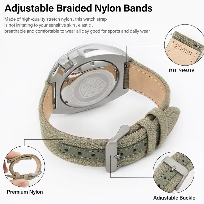 Watchdives 20mm Canvas Band Leather Military Watchband Fast Release Universal Replacement Comfortable Sport Nylon Watch Strap