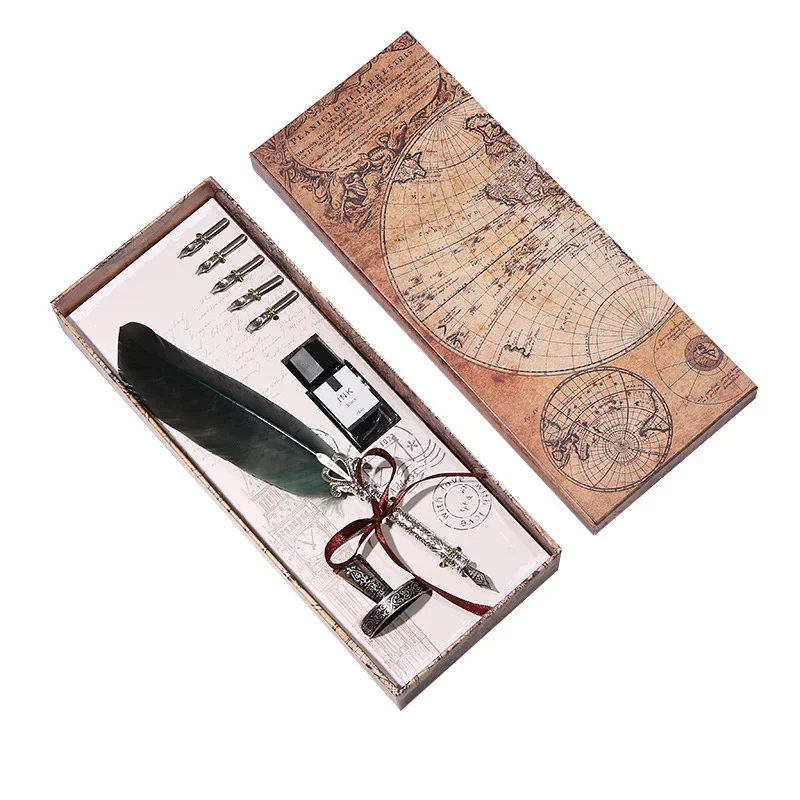 

Набор перьевых ручек в европейском стиле, подарочная коробка для водяной ручки, практичный бизнес-подарок, высококачественная ручка из натуральных перьев, канцелярские принадлежности